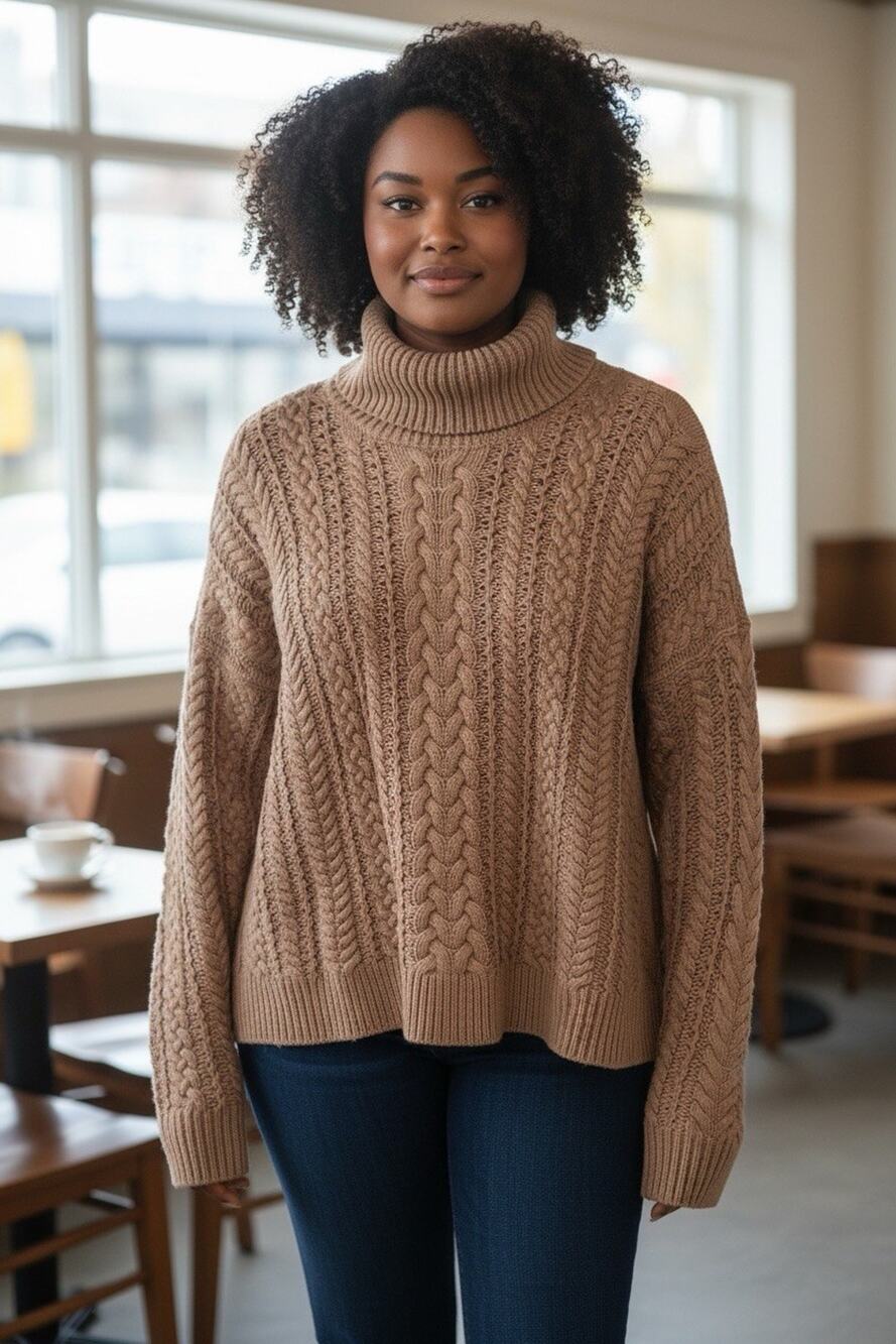 Lauren Ralph Lauren Woman Coffee Cable-Knit Turtleneck Sweater Size 3XL